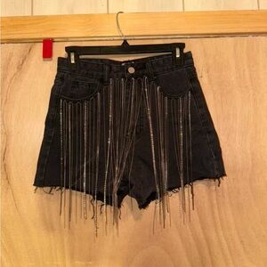 Black Denim Shorts with Rhinestone Fringe Detail
